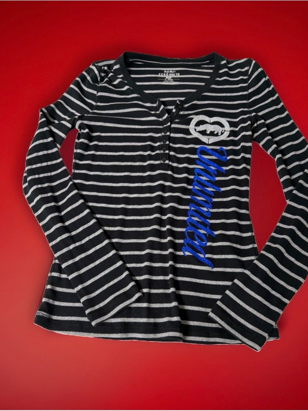 Y2K Echo Unltd XL Striped Black & White Long-Sleeve Top Blue glitter Womens